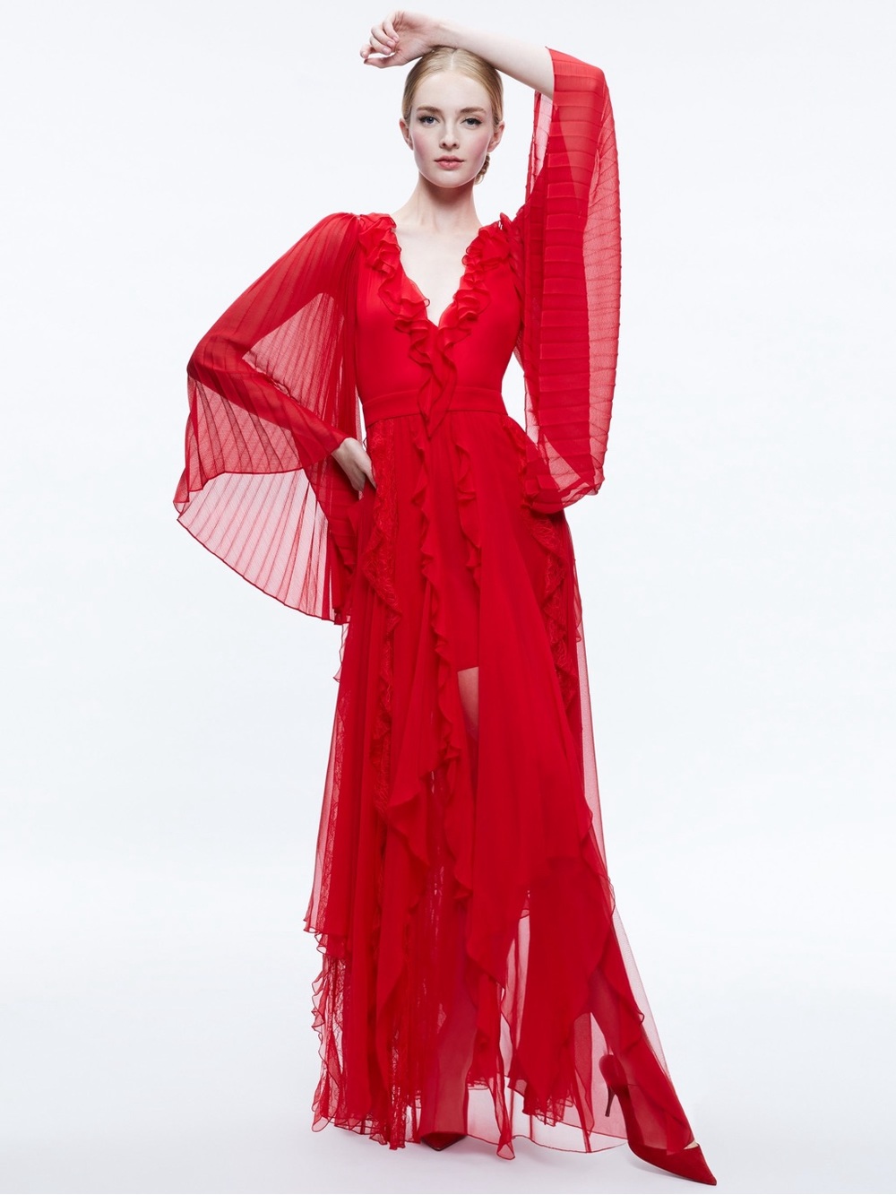 ALICE + OLIVIA DAY SUNBURST SIZE 0 Dramatic Red Ruffled Sheer Maxi Dress